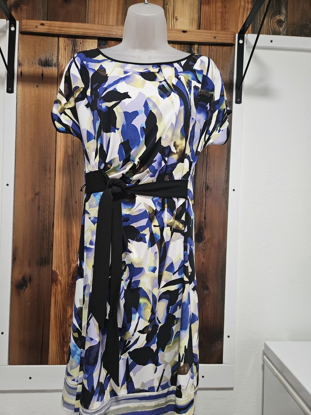 Calvin Klein Blue Black Cream Abstract Midi Dress with Tie Waist